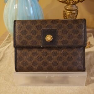 Celine Vintage Macadam Monogram Triomphe Trifold Wallet w/ Gold Button Detail